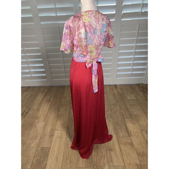 Vtg 70s Roberta California Red Pink Chiffon Floral Maxi Dress S 5 Boho Hippie - Picture 6 of 12